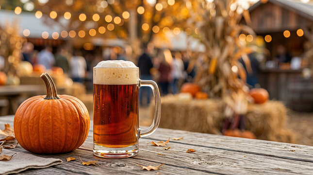 Beer mug with foam on wooden table next to pumpkin at outdoor autumn festival. Glass of dark ale during harvest celebration. Oktoberfest seasonal event, fall social gathering.