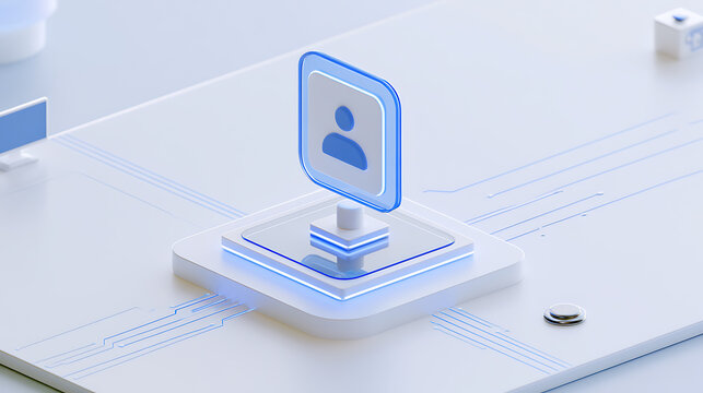 Abstract futuristic user icon on a luminous platform, symbolizing digital identity, connection, and data processing in a clean, high-tech environment