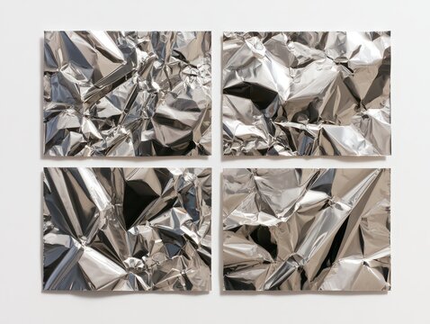 Four rectangular sheets of crumpled silver aluminum foil arranged in a grid pattern isolated on white background