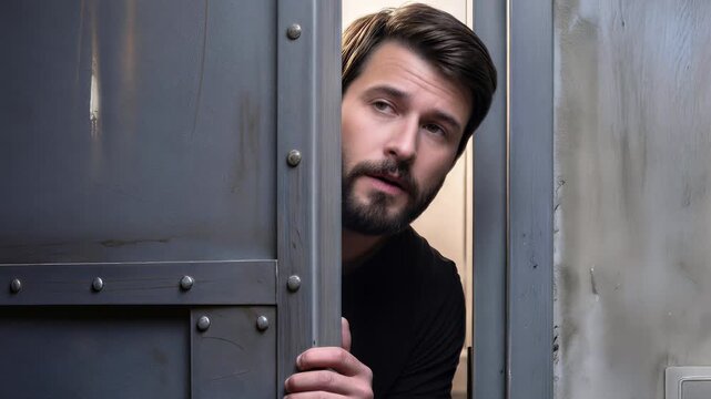 Bearded man peeking through heavy metal door with cautious expression. Suspicious male character looking around from behind industrial entrance. Close-up with panning and tilting camera movement.
