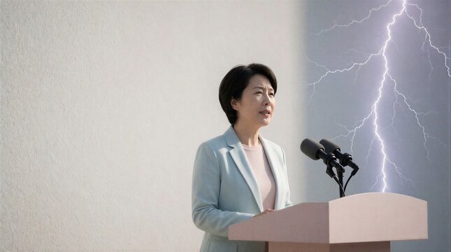 A professional Asian woman gives a speech at a podium with dramatic lightning striking in the background.
