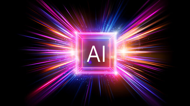 Abstract illustration of Artificial Intelligence symbol with bright neon light trails and glowing square on a dark background