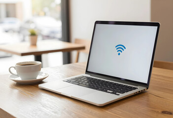 Fototapeta premium Laptop with wifi symbol on screen and coffee cup on a wooden table in a cafe setting