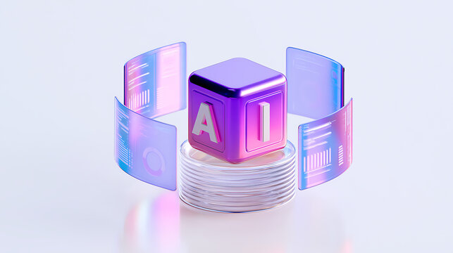 Vibrant Purple AI Cube with Holographic Data Displays: A Concept of Advanced Technology and Intelligent Systems on a Clean Background