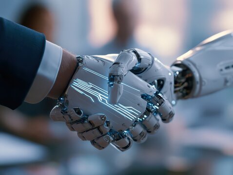 Closeup of a human hand shaking a robotic hand, symbolizing the partnership and collaboration between humans and artificial intelligence