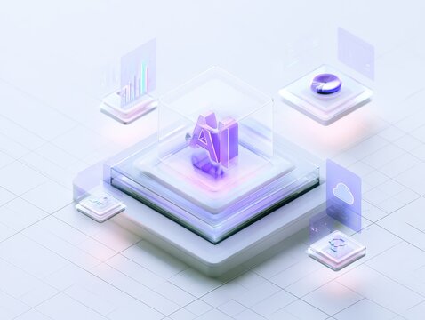 Conceptual 3d illustration of artificial intelligence technology with a central ai processor, data charts, and cloud computing icons isolated on white background