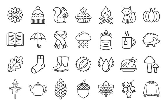 set of autumn and fall line icons with seasonal elements and objects on transparent background
