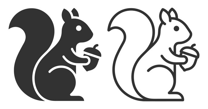 Squirrel icon set in solid and outline styles holding an acorn graphic design on transparent background