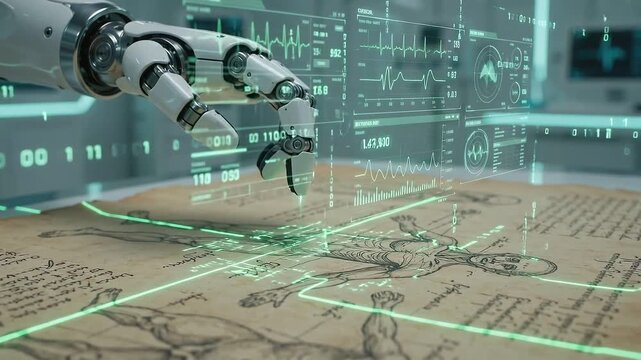AI Robotic Hand Analyzing Vintage Anatomical Sketch with Holographic Medical Data and Laser Scan in Futuristic Laboratory, Close-up