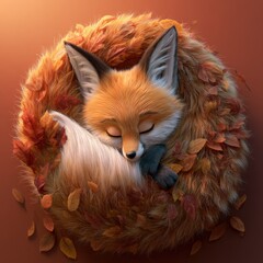 Naklejka premium A fox character curls up and sleeps among colorful leaves in a warm autumn scene. The soft tones create a cozy atmosphere.