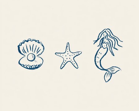 Handdrawn sea theme elements, shell with pearl, starfish, mermaid, sketch style
