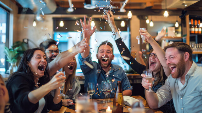 People celebrating a product launch with excitement and champagne in a restaurant or bar