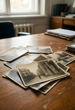 Stack of old black and white photographs on a rustic wooden desk, evoking nostalgia and historical memories, the vintage prints evoke nostalgia and historical memories