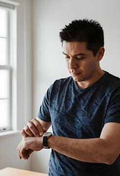 Young man checking time on his wristwatch, punctuality and time management concept, daily routine and schedule planning