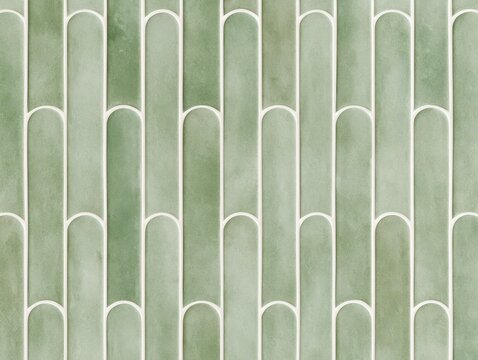 Modern sage green arched elongated subway tile pattern with white grout lines