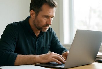 Fototapeta premium Focused man working remotely on a laptop at a desk, online business and digital communication
