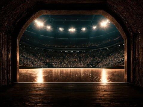 View from a dark tunnel onto a brightly lit sports arena