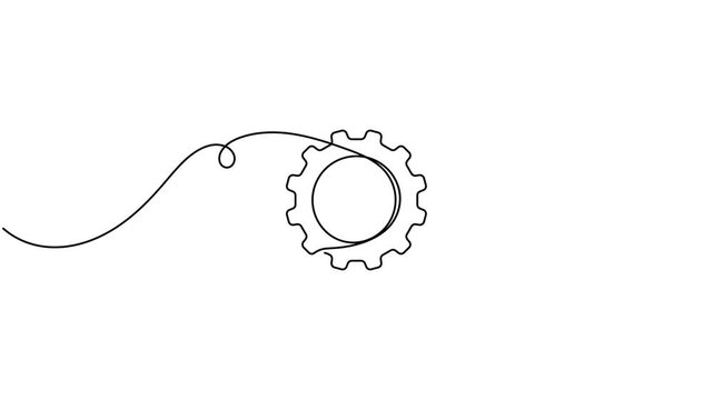 Modern cogwheel gear within speech bubble icon sign continuous one line drawing moving on white background minimalist single art automation service for conversation process symbol animation