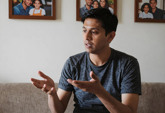 Young indian man gesturing with hands while talking, communication and discussion at home, family portraits
