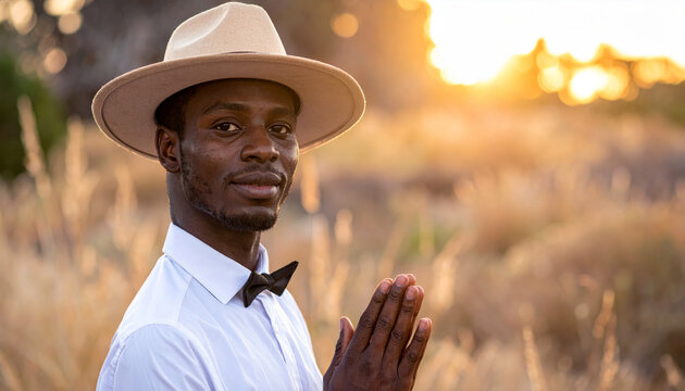 African man praying in golden sunset field