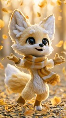 Naklejka premium A cute fox character runs and jumps in falling leaves on a sunny day. The setting shows vibrant colors and soft light.