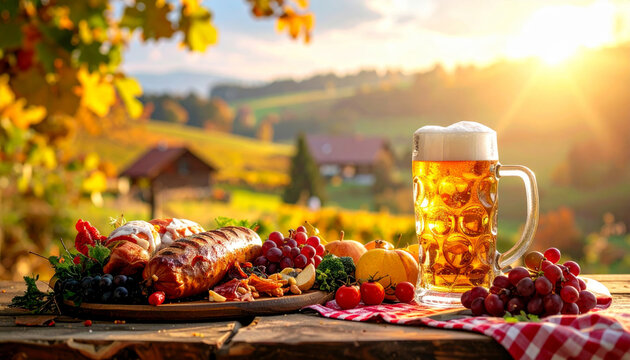 Oktoberfest food and beer with autumn landscape at sunset
