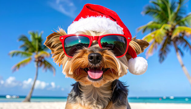 Yorkshire Terrier Dog wearing santa hat and sunglasses on summer beach vacation