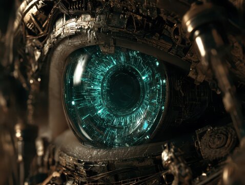 Closeup of a futuristic robotic eye with glowing blue digital iris