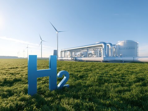 Green hydrogen energy production concept with wind turbines and industrial plant