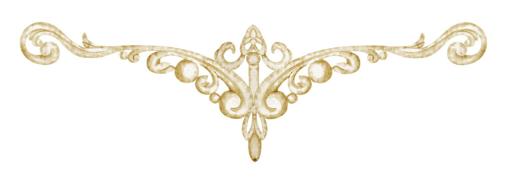 Watercolor wrought iron ornament on isolated background. Illustration of decorative horizontal flourish. Vintage golden metalwork for invitations, branding, certificates and ornamental compositions.