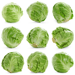 Fototapeta premium Fresh green cabbage isolated on white, set