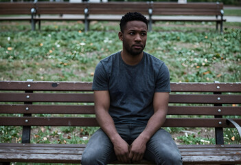 Obraz premium Young african american man sitting alone on a park bench, looking away with a thoughtful and serious expression