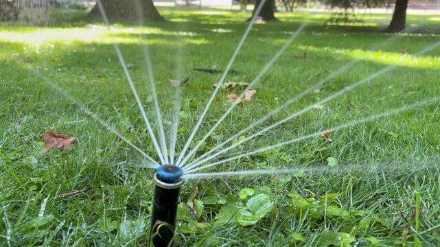 a lawn sprinkler spraying water in a fan-like pattern over lush green grass. A peaceful park or backyard garden setting, illustrating summer lawn care and irrigation.