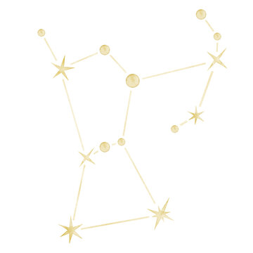 Orion watercolor constellation illustration on isolated background. Golden star map for astronomy, mythology, nursery decor, celestial collections and fantasy designs.