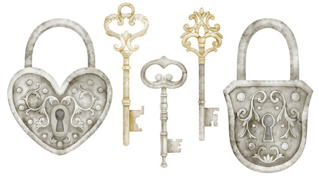 Lock and key watercolor set. Collection of vintage iron padlocks and golden skeleton keys isolated on background. Illustration clipart for fantasy, stationery and antique themes in pastel colors.