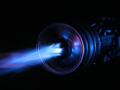 Closeup of a jet engine turbine with blue flames