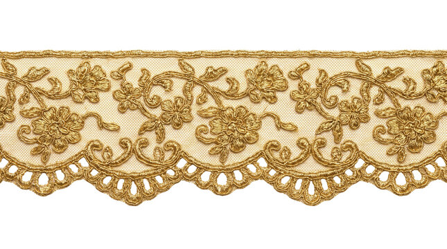 Vintage textile trim featuring ornate gold metallic thread embroidery on cream fabric displaying intricate floral patterns and scalloped edges suitable for luxury garment decoration and craft