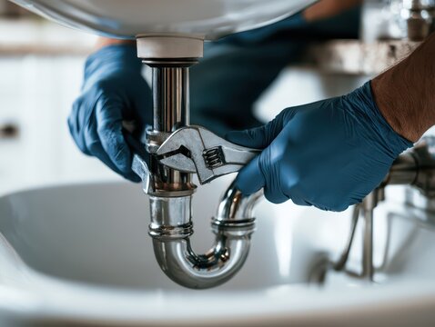Professional plumber wearing blue gloves repairing a sink drain pipe with a wrench
