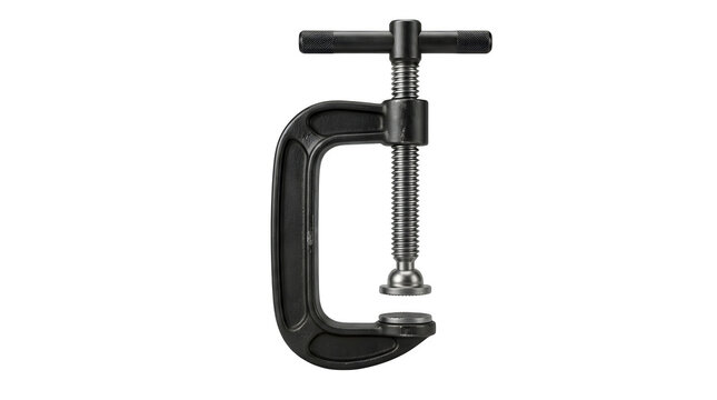 Heavy duty metal c-clamp tool featuring black iron frame with silver steel threaded screw handle isolated on transparent background