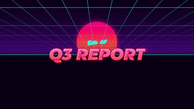 Retro 80s synthwave animation with glowing sun and grid featuring End of Q3 Report text