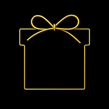 Blank gold luxury square gift box frame sign template or empty golden present frame wire border with gold gift rope bow isolated on dark black background minimal concepts 3D rendering