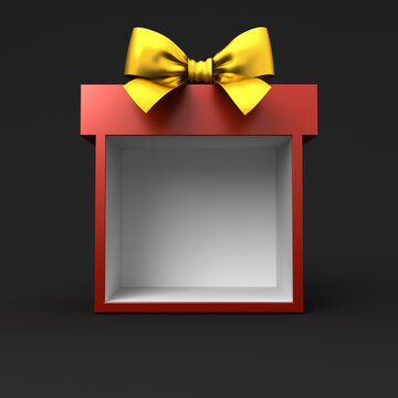 Exhibition booth display showcase red present box mockup or blank red gift box stand with gold ribbon bow isolated on black background minimal conceptual 3D rendering