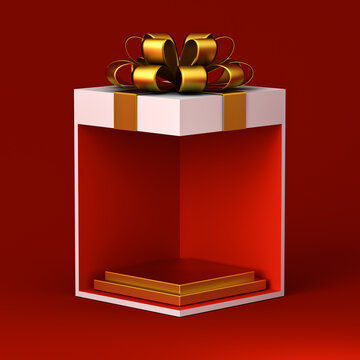 Blank gold squares podium pedestals in exhibition booth gift box corner product display mockup showcase stand with golden ribbon bow isolated on dark red background creative concepts idea 3D rendering