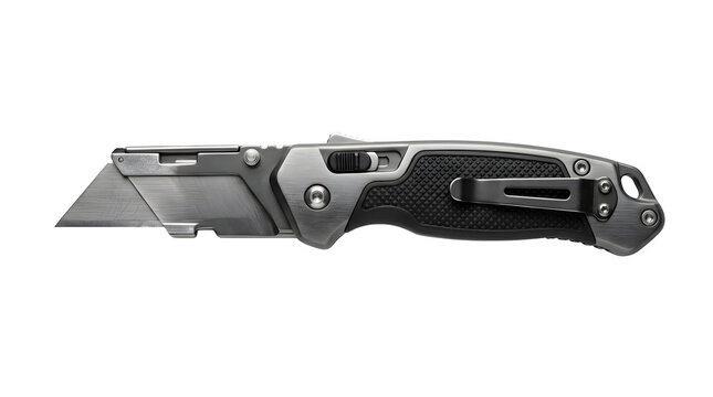 Professional folding utility knife with sharp metallic blade and ergonomic rubber grip handle shown in studio lighting on transparent background