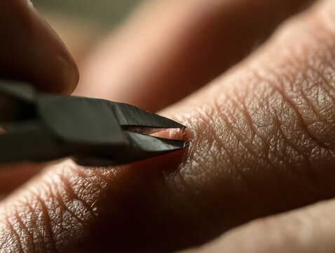 Closeup of metal tweezers removing a splinter from skin