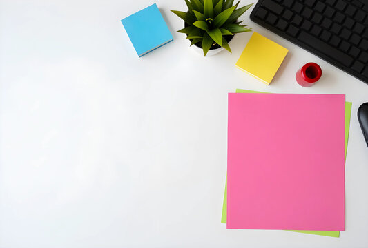 Overhead view of a clean white desk with colorful sticky notes, a keyboard, and a small plant, offering copy space