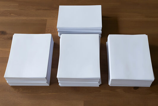 Stacks of blank white paper sheets on a wooden desk, office supplies and document organization