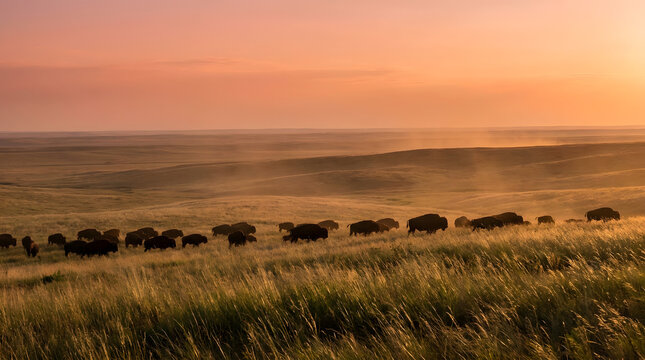 Herd of American bison grazing across golden prairie hills at sunset, ideal for National Wildlife Day, environmental conservation, and western wilderness themes