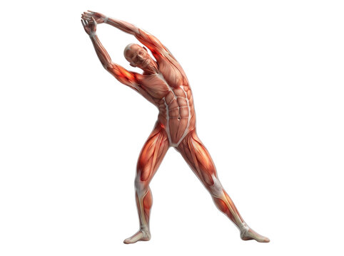 Fullbody human muscular system illustration showing a man performing a lateral side stretch pose for fitness education transparent background