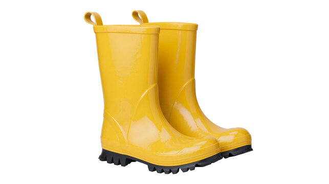 Pair of shiny yellow rubber rain boots with black soles, isolated on transparent background